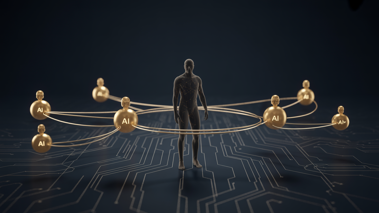 Futuristische Visualisierung einer Mensch-Agent-Wirtschaft mit goldenem Agenten-Netzwerk auf dunklem Navy-Hintergrund