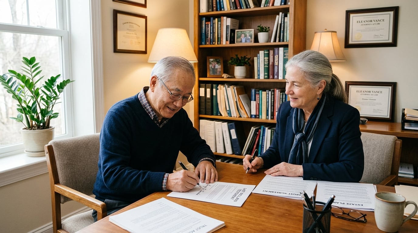 An elderly Asian American man signing estate and will documents with a White woman elder-law attorney in a comfortable office