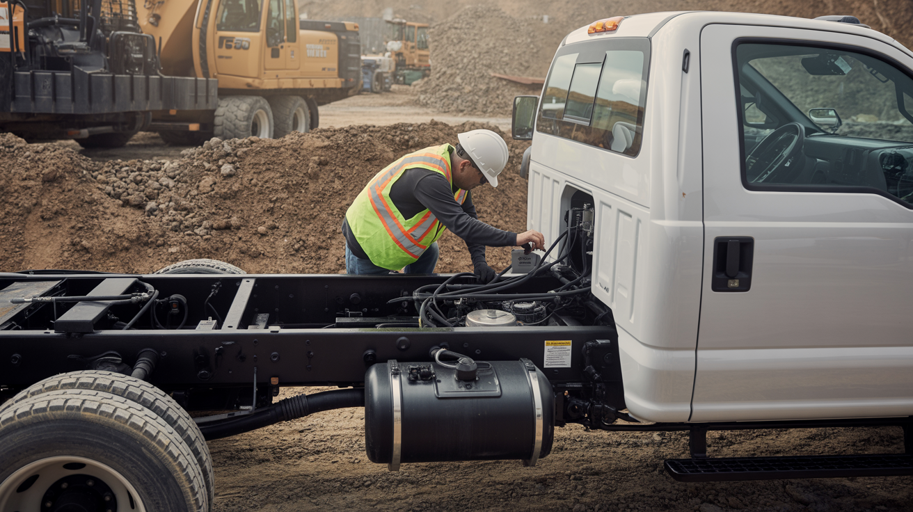 Construction worker inspecting work truck fuel system