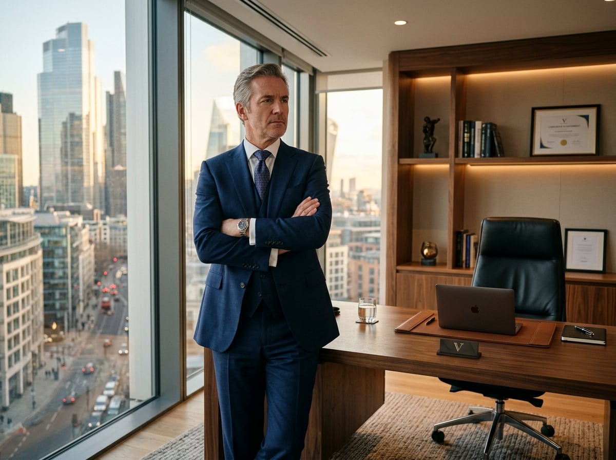 Directivo reflexionando sobre estrategia empresarial