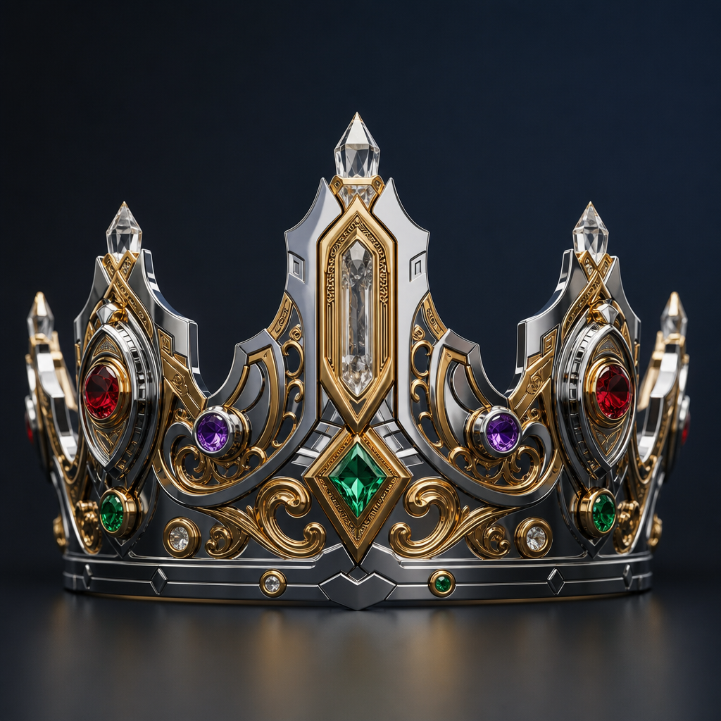 SeaSar crown product render in stainless steel with gold inlays and gemstones