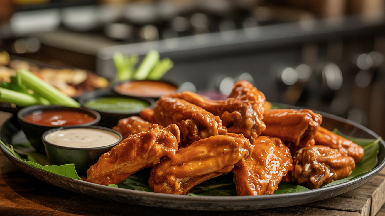 BelWings signature buffalo wings with dipping sauces on dark slate
