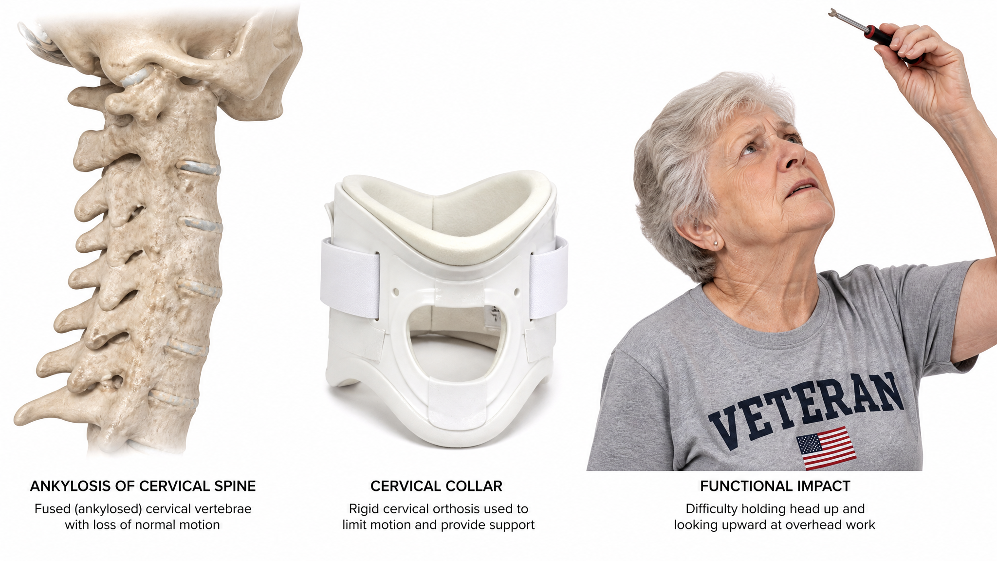 Composite of a fused cervical spine segment, a rigid cervical collar, and an older White female veteran struggling to hold her head up to work overhead