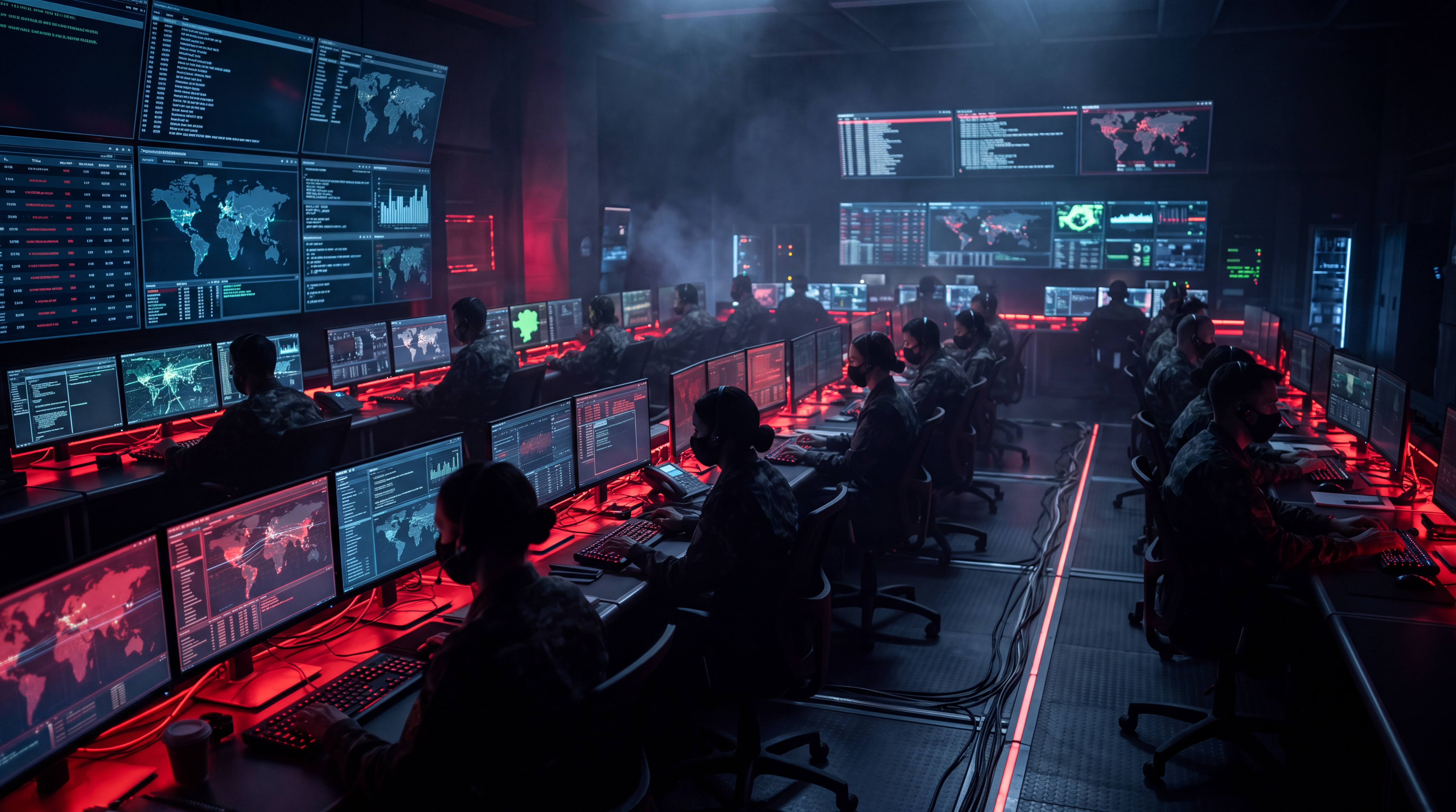 Dark cyber operations command center bathed in crimson and blue light