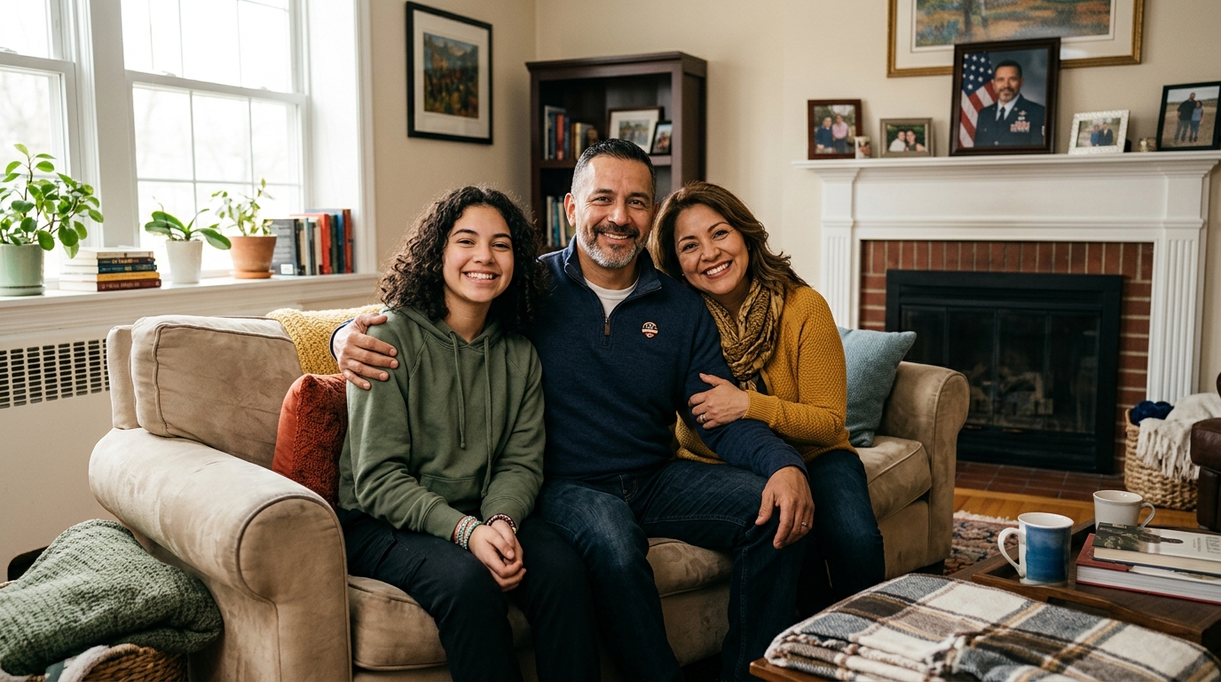 An active Latino post-9/11 era veteran in his late 40s at home smiling with his spouse and teenage child