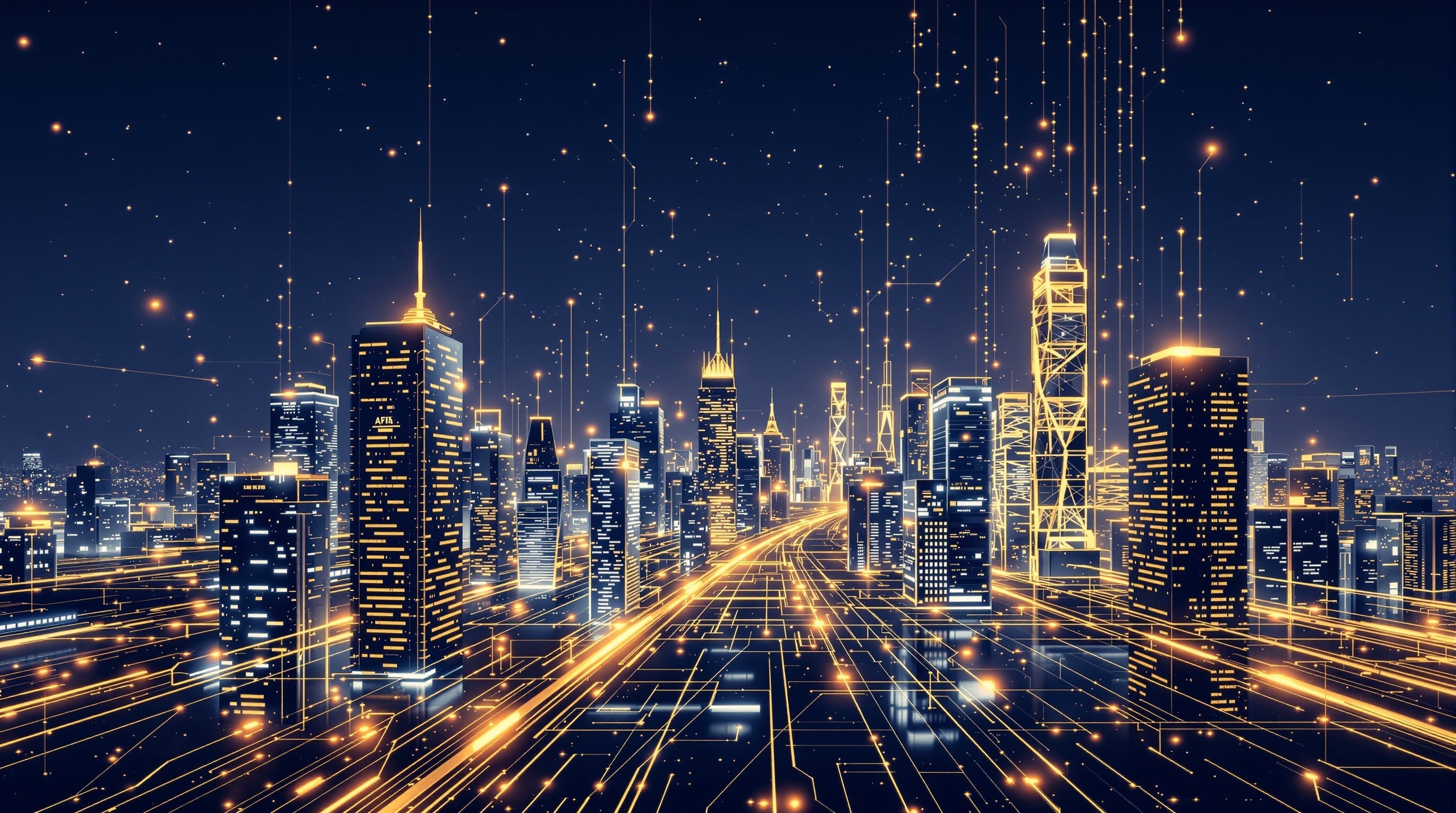 Futuristic city skyline with AI neural network patterns