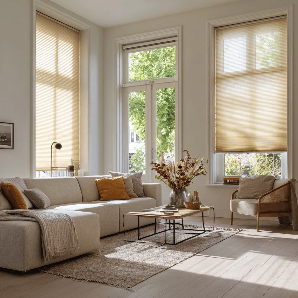 Woonkamer met lichtdoorlatende beige plisségordijnen.