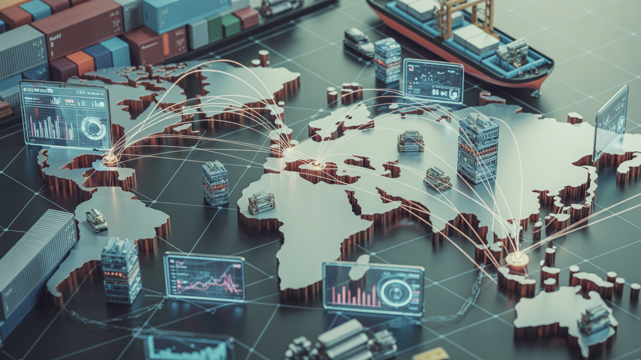 Global trade network visualization showing interconnected world map with glowing data analytics dashboards, shipping containers, and AI-powered predictive analytics elements representing supply chain compliance and tariff management