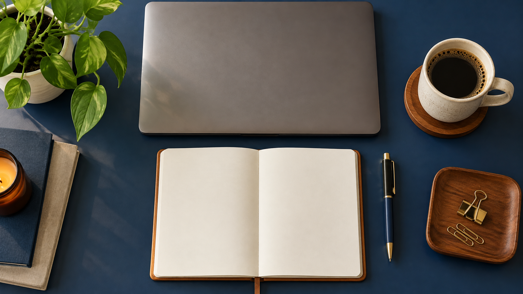 Mesa de trabalho organizada com laptop, caderno e café vista de cima
