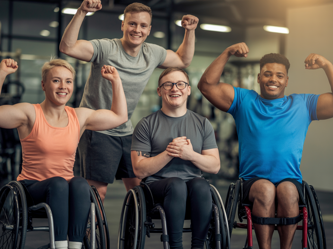 Diverse group of successful fitness clients with disabilities celebrating their achievements and showing strength, confidence, and joy from their adaptive fitness journey