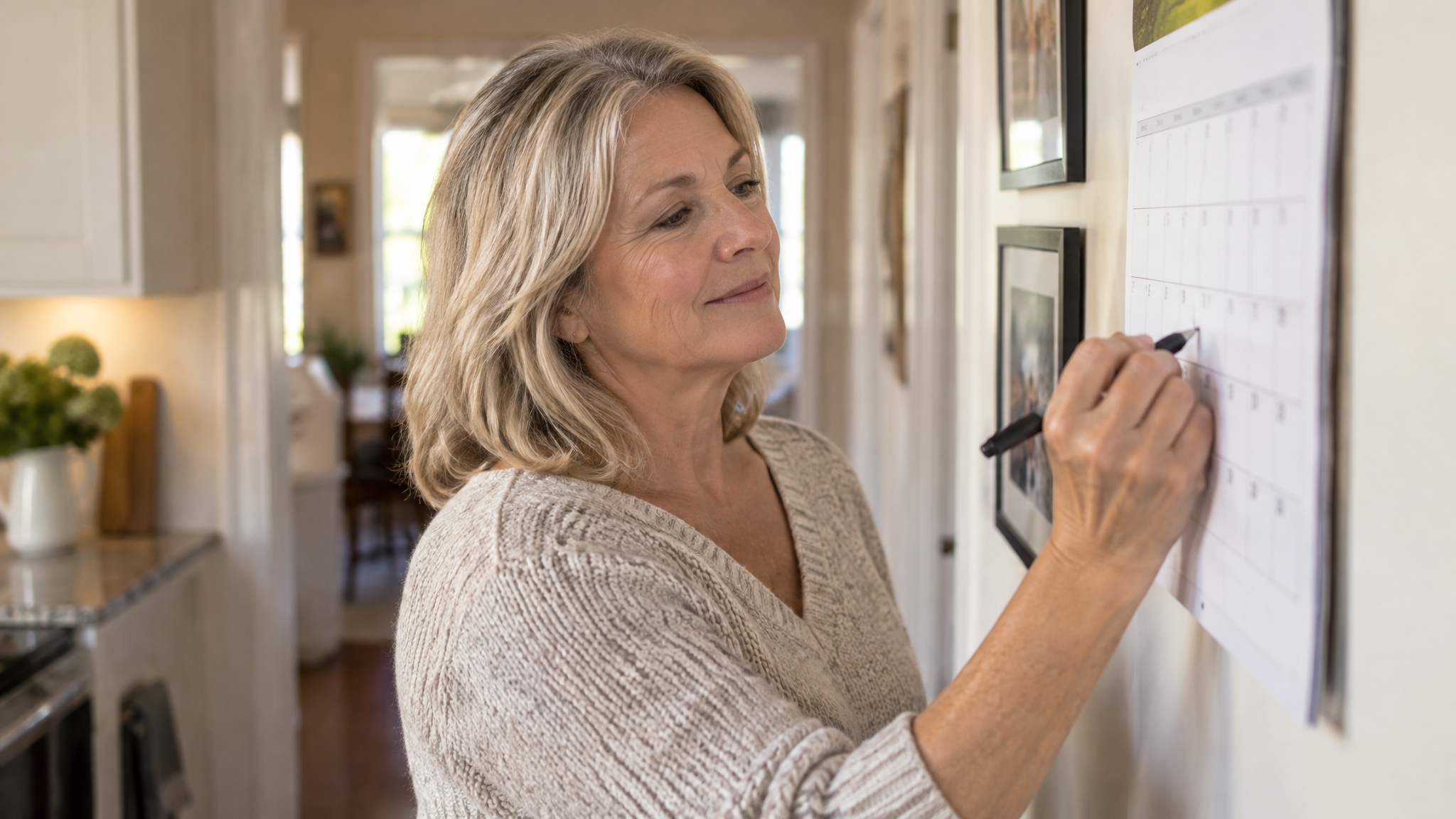 A woman veteran marking dates on a wall calendar at home with a pen