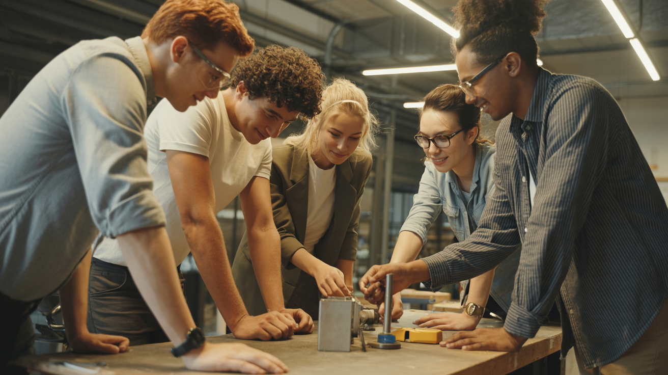 The GearShare team collaborating around a workbench