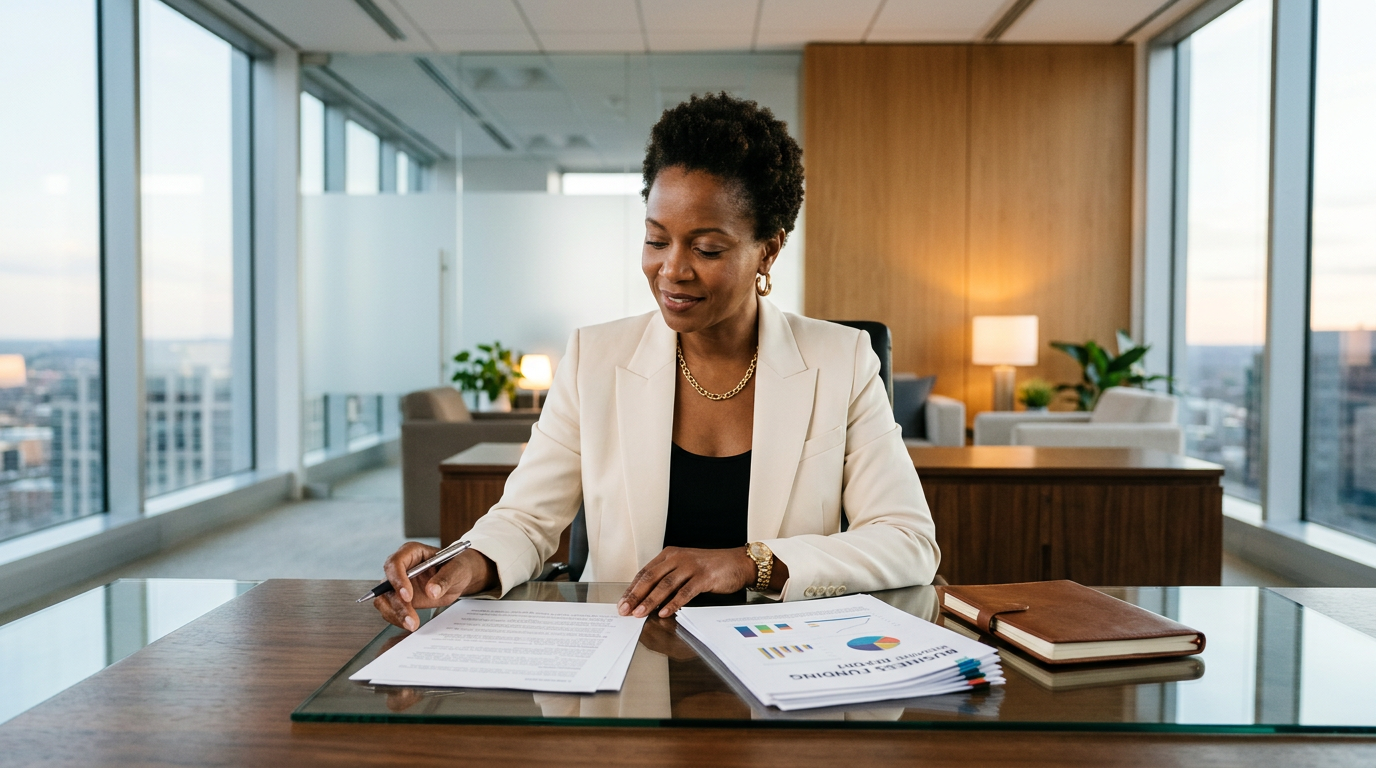Business professional reviewing financial documents at a modern desk