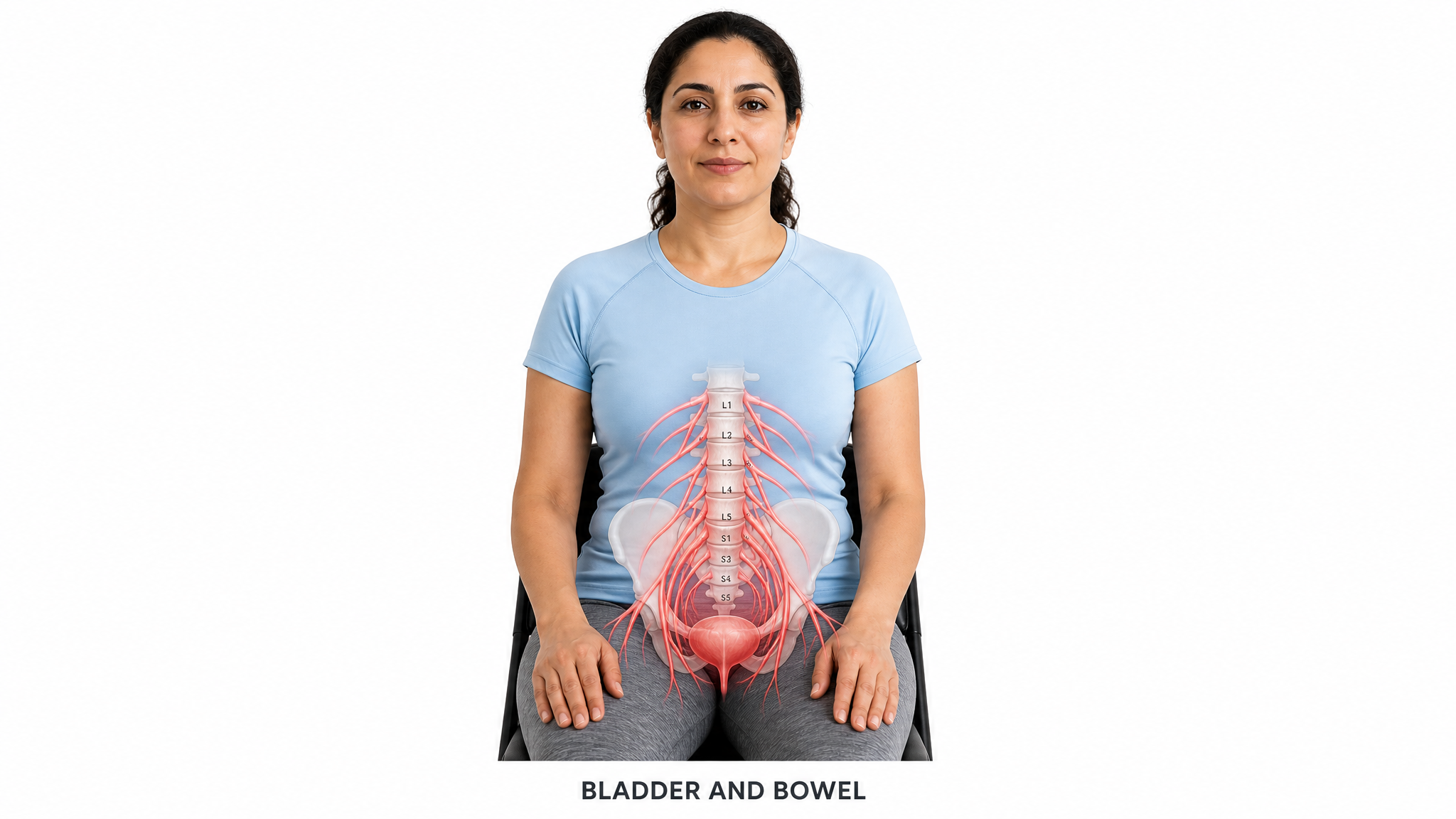 Clinical teaching photograph of a seated patient with the lower spinal nerve roots traced in red fanning down from the lumbar spine into the pelvis and bladder region