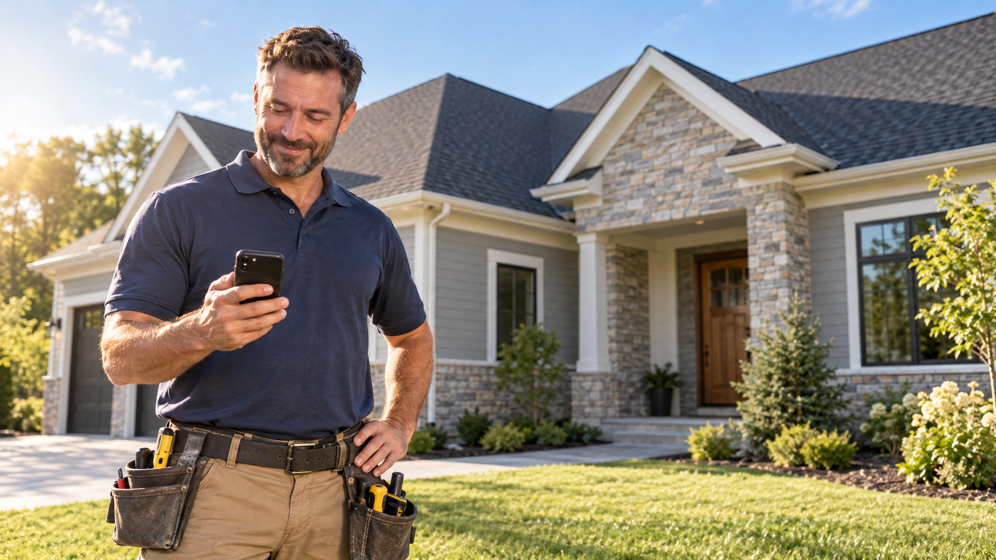 Contractor standing in front of a finished house checking a new homeowner lead on his phone