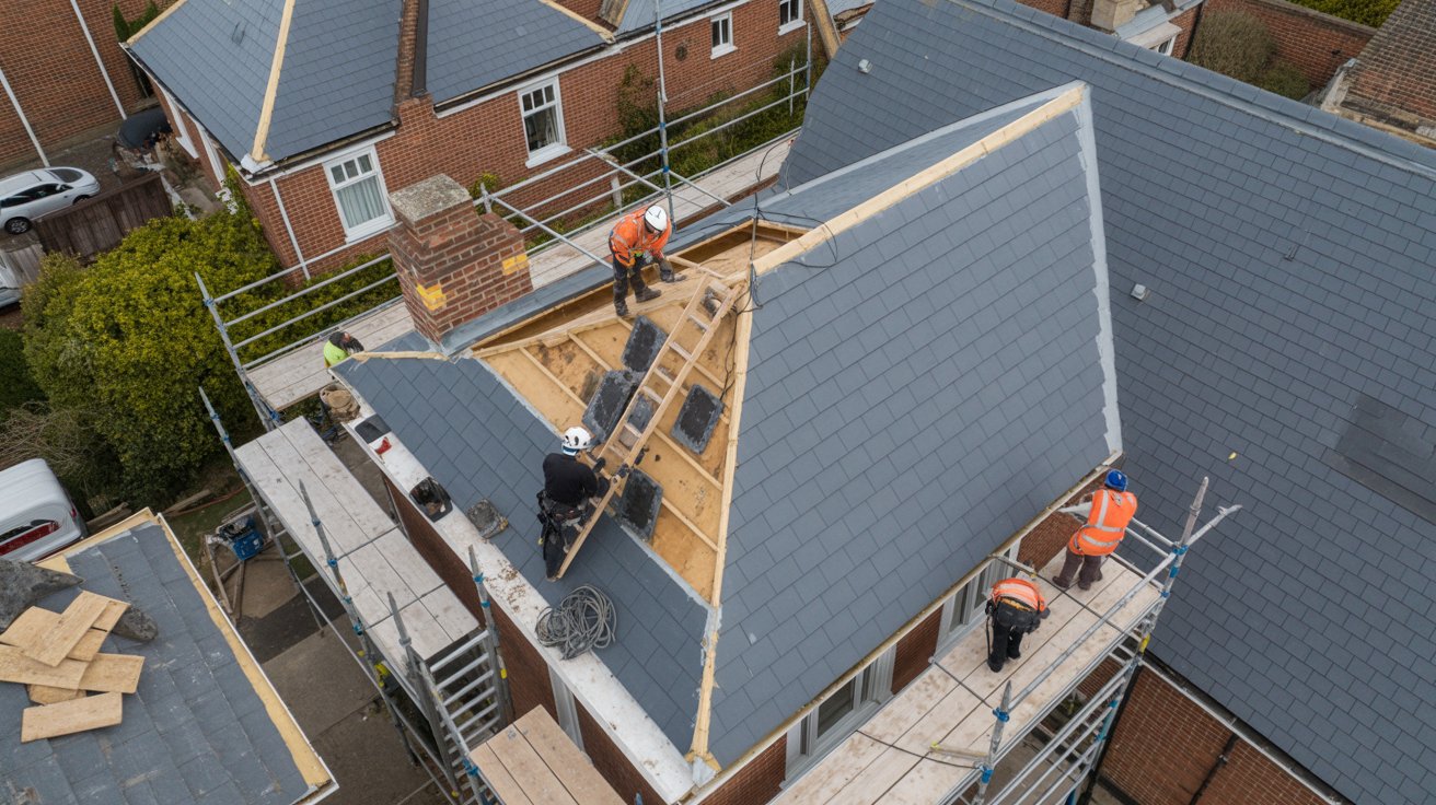 Professional roofing team working on UK house roof