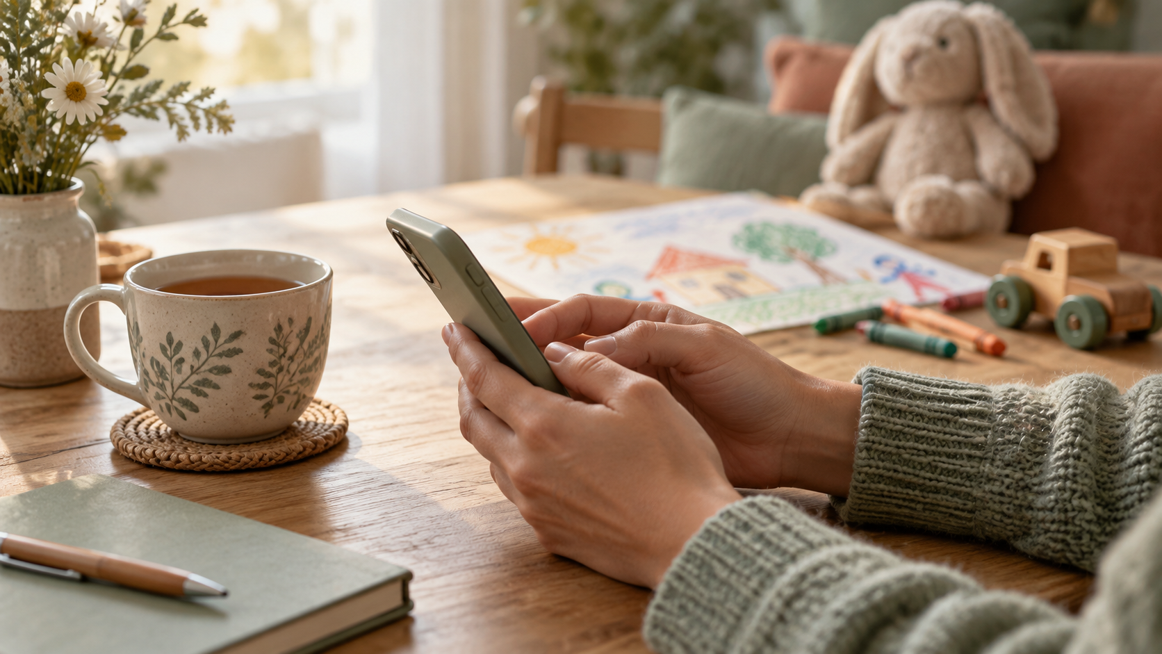 Adult hands holding a phone beside a cup of tea on a wooden table, with a child's drawing softly blurred in the background — a calm moment of co-parenting communication.