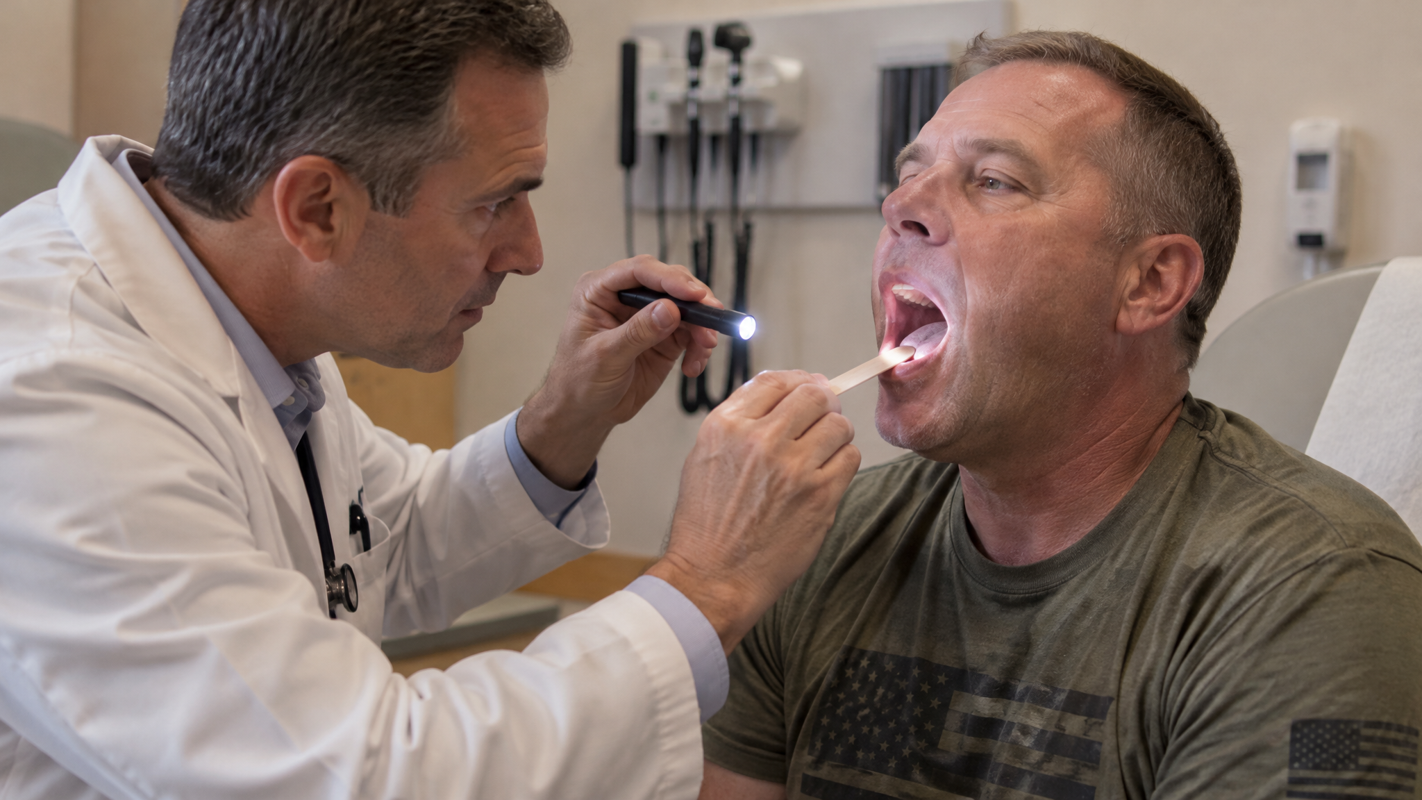 Medical illustration of a clinician performing a physical airway and neck assessment on a seated veteran patient