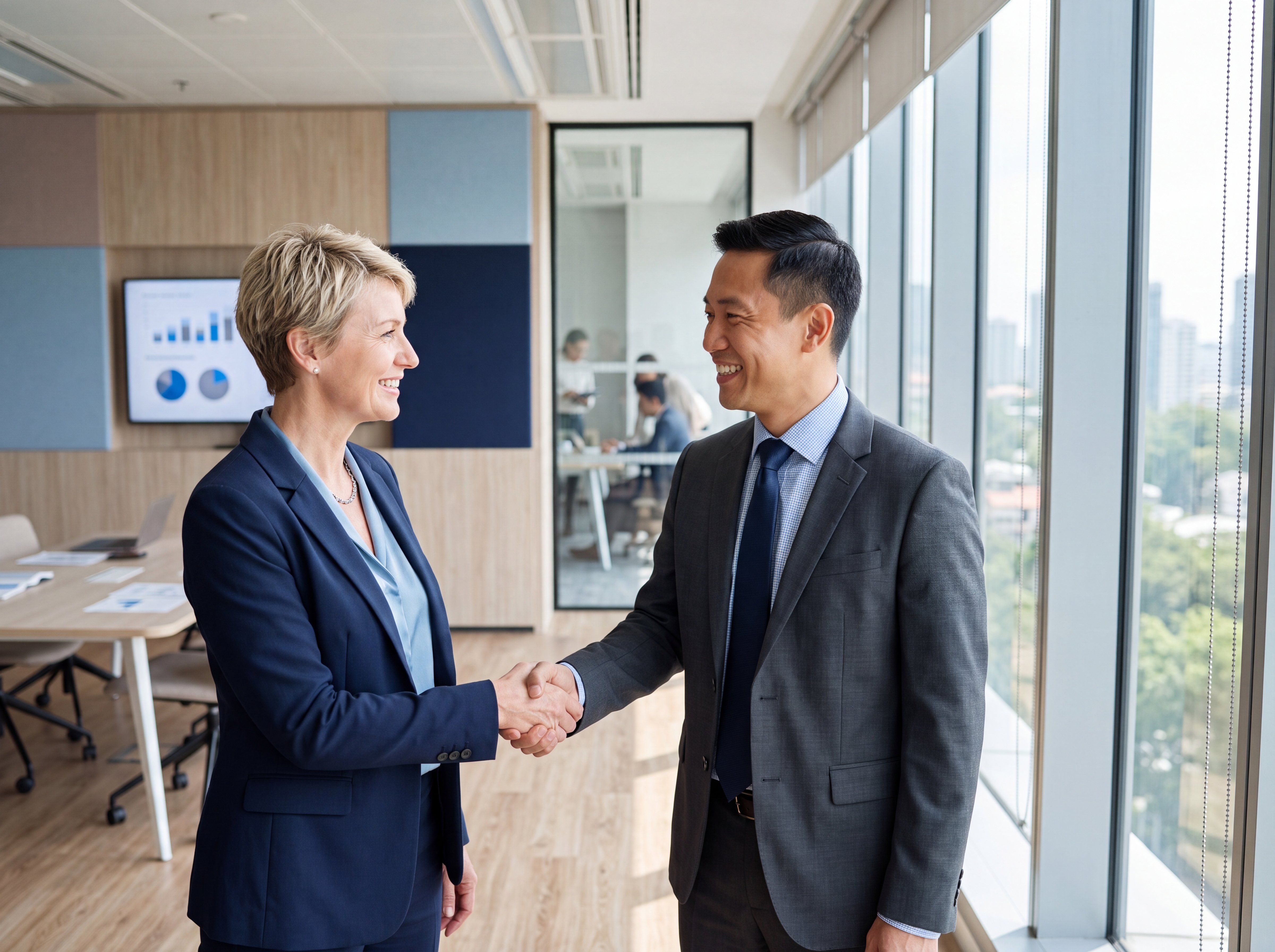 Two people shaking hands warmly, agreeing on a clear next step