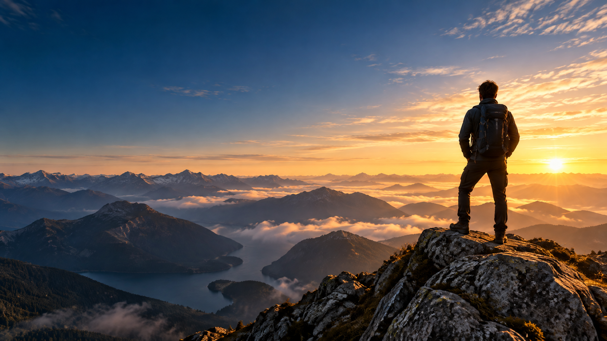Person auf einem Berggipfel bei Sonnenaufgang – Symbol für persönliches Wachstum