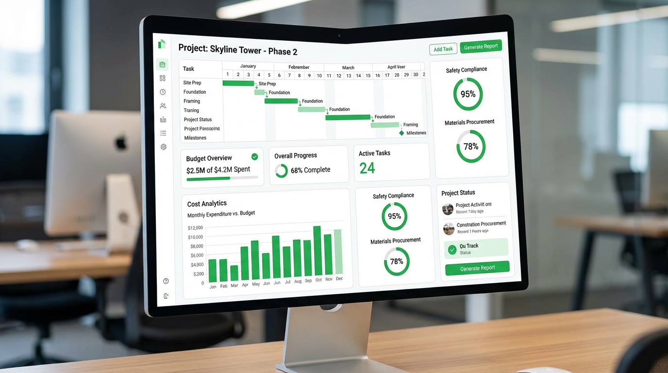 Dashboard de OneMake mostrando KPIs de control de obra, gráficos de avance y análisis de costos