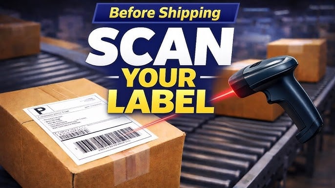 Worker using a barcode scanner to track shipments on labelled boxes