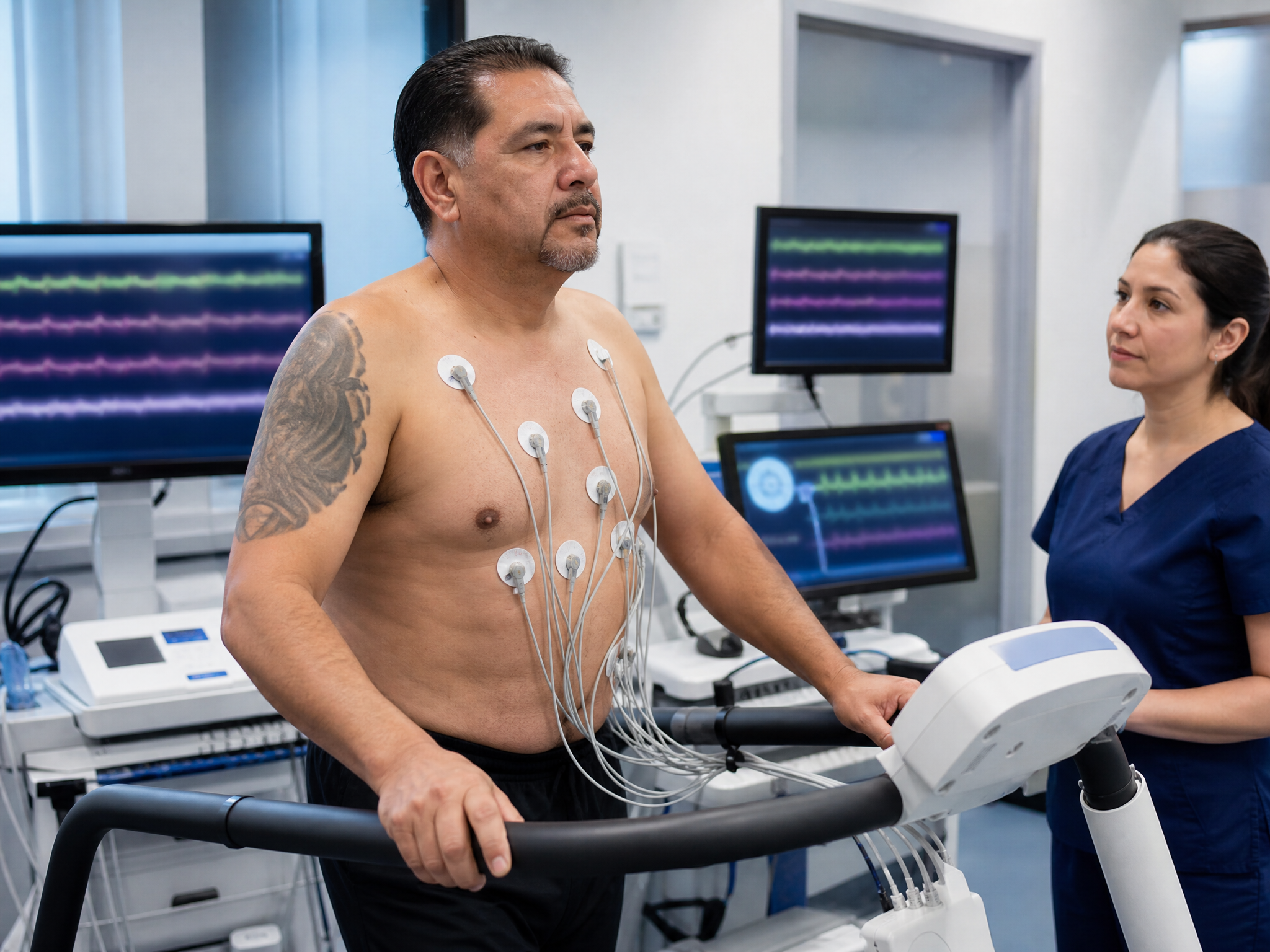 Hispanic male veteran on a treadmill in a clinical exercise testing lab with ECG leads on his chest as a female technician monitors the cardiac stress test