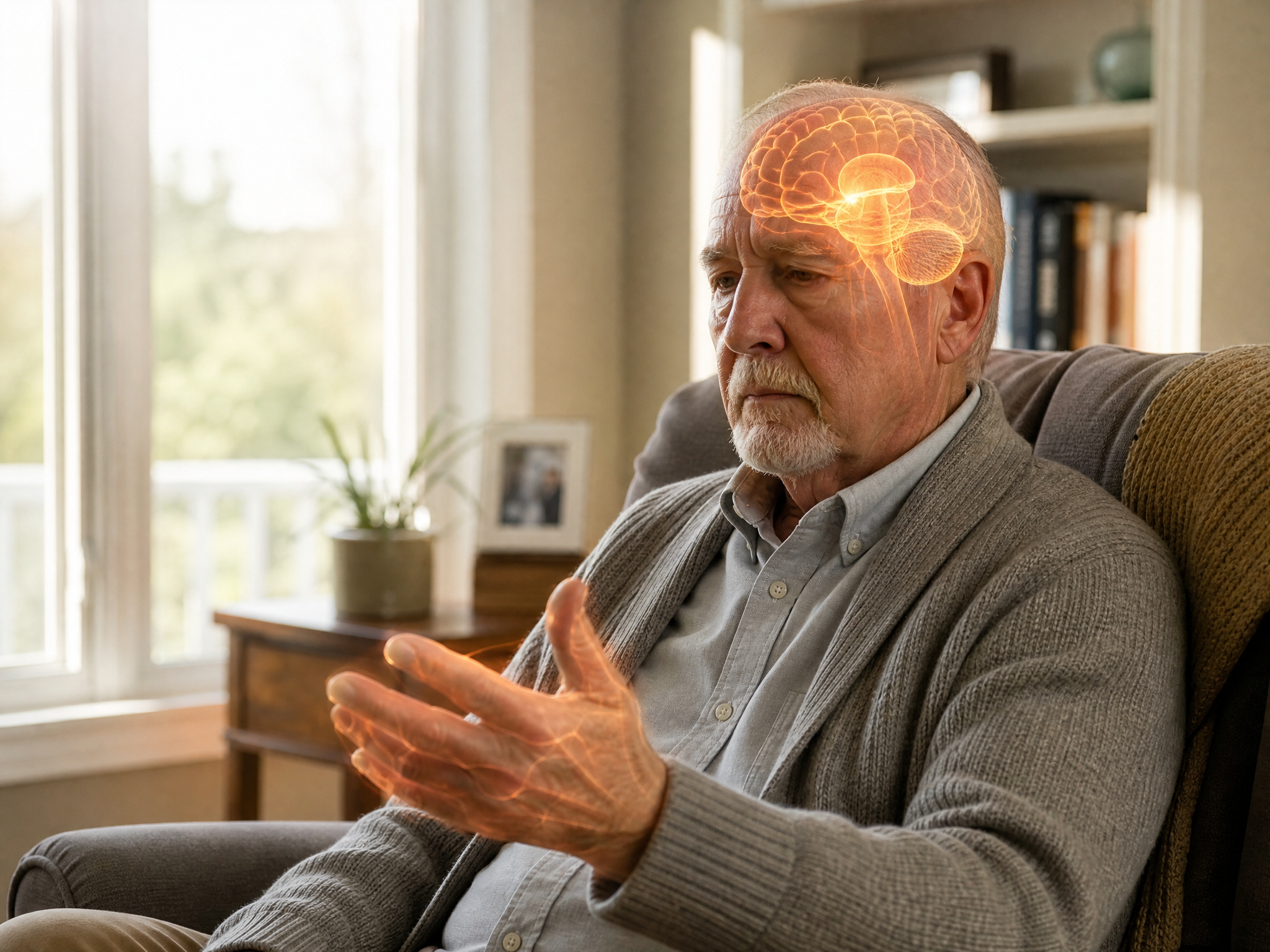 An older veteran in his armchair, with an illustration showing the brain