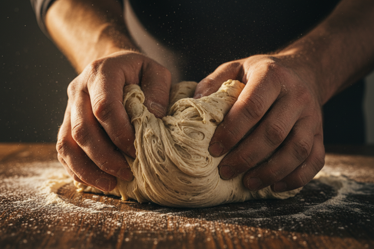 Mãos sovando massa de pão artesanal