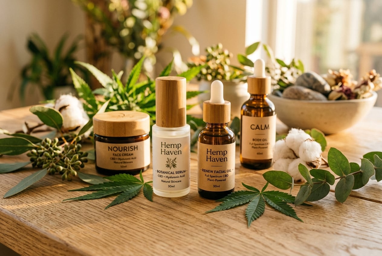 CBD hemp skincare products arrangement with botanical elements - Casa de CBD