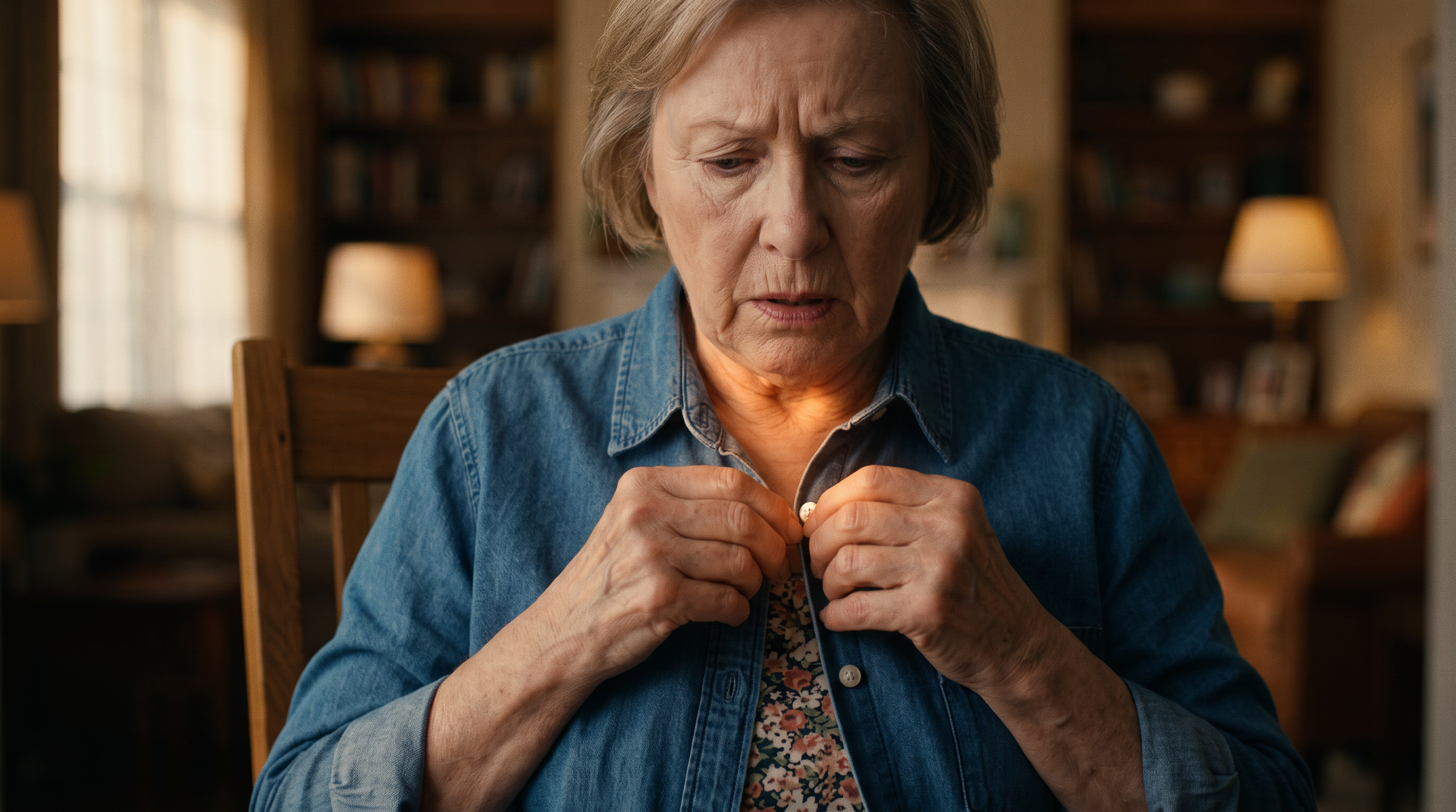 An older white woman struggling to button her shirt because her hands are clumsy, an amber glow at the base of the neck suggesting spinal cord involvement