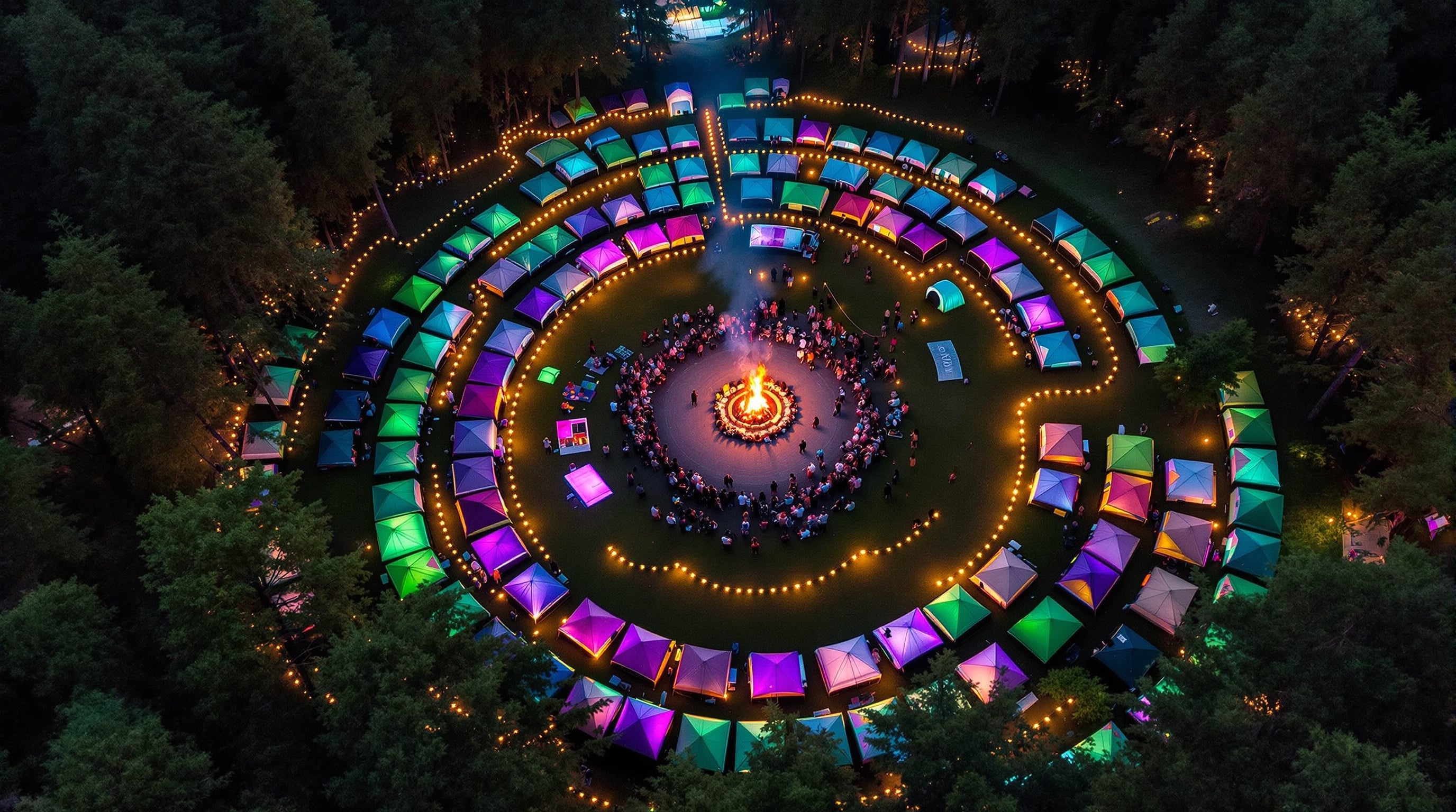 Aerial view of colorful camping tents arranged in spiral pattern among the forest