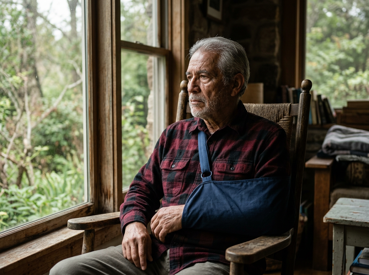 An older Hispanic male veteran in a chair with an arm sling, looking out a window with a resigned expression after another dislocation episode