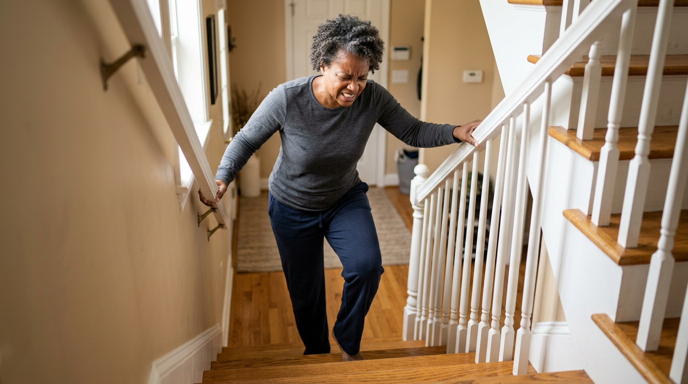 Black female veteran holding stair railing with pain expression while descending steps