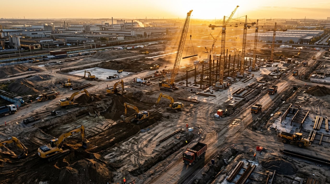 Chantier de construction aérien avec engins lourds