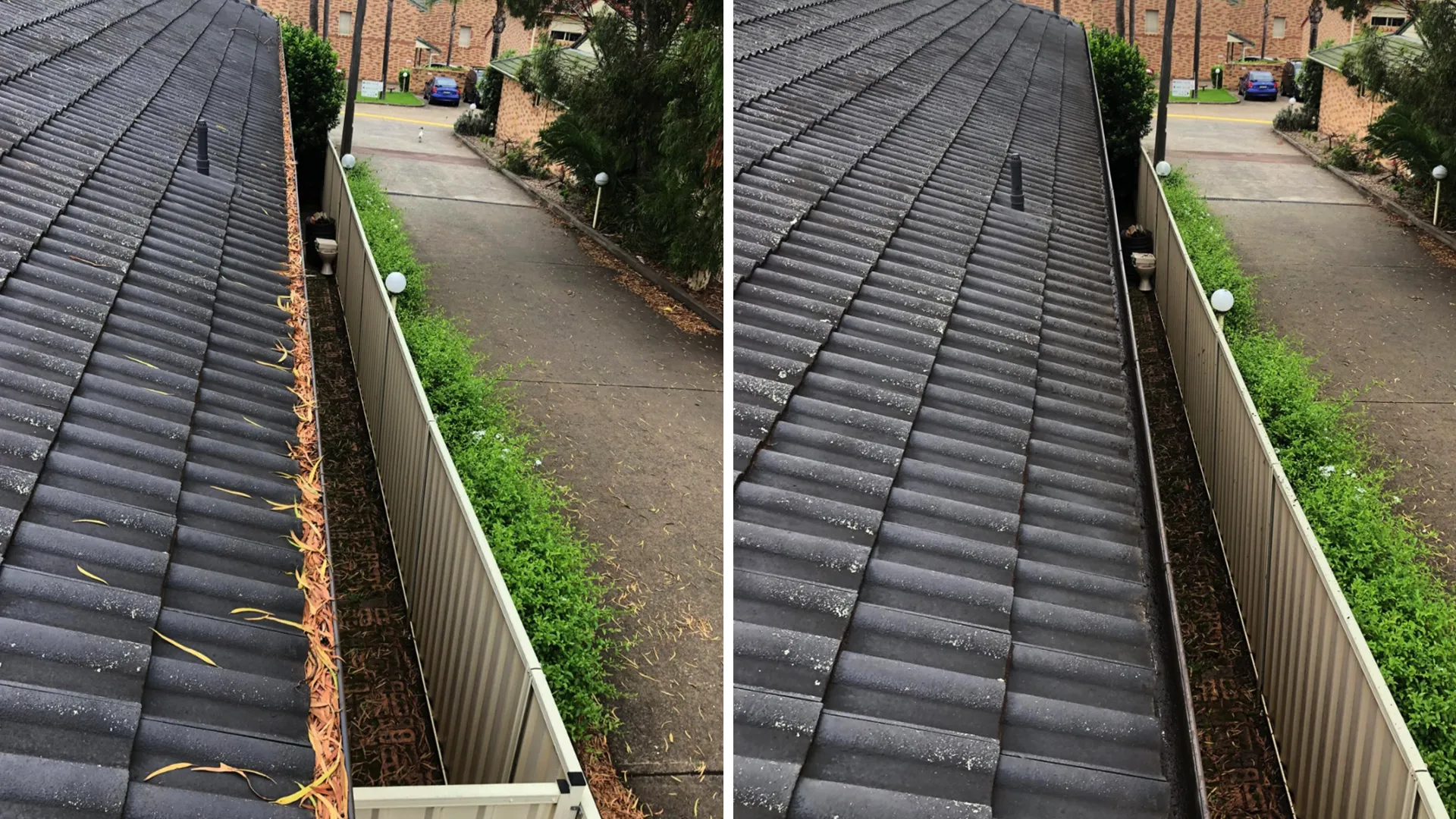Before and after gutter cleaning comparison showing blocked gutters cleared by Margate Gutters
