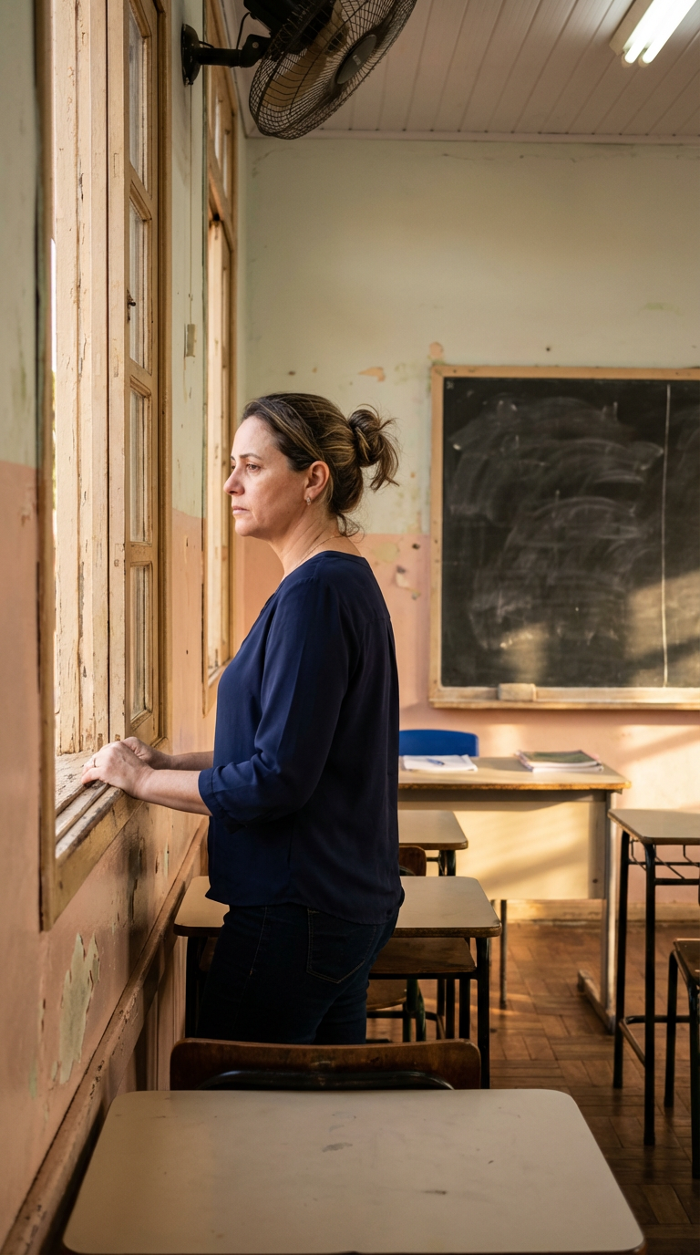 Professora pensativa na sala de aula