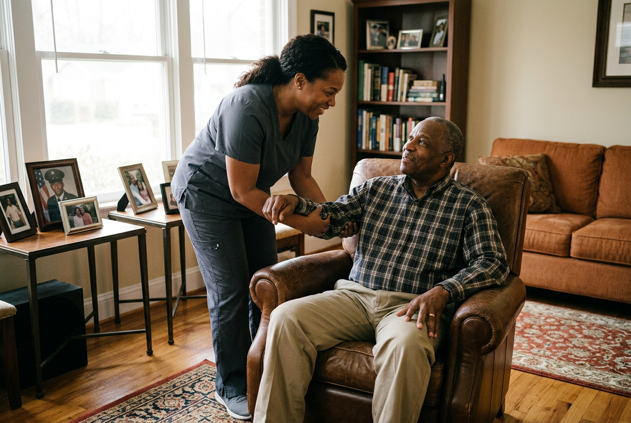 A caregiver gently assisting a military veteran at home