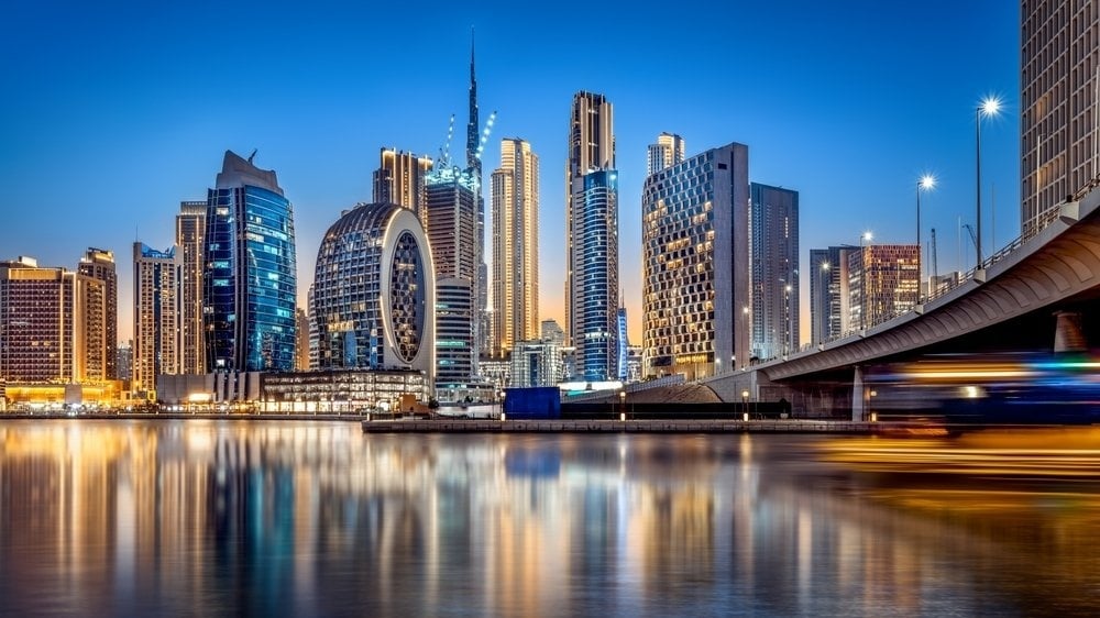 International business skyline at dusk
