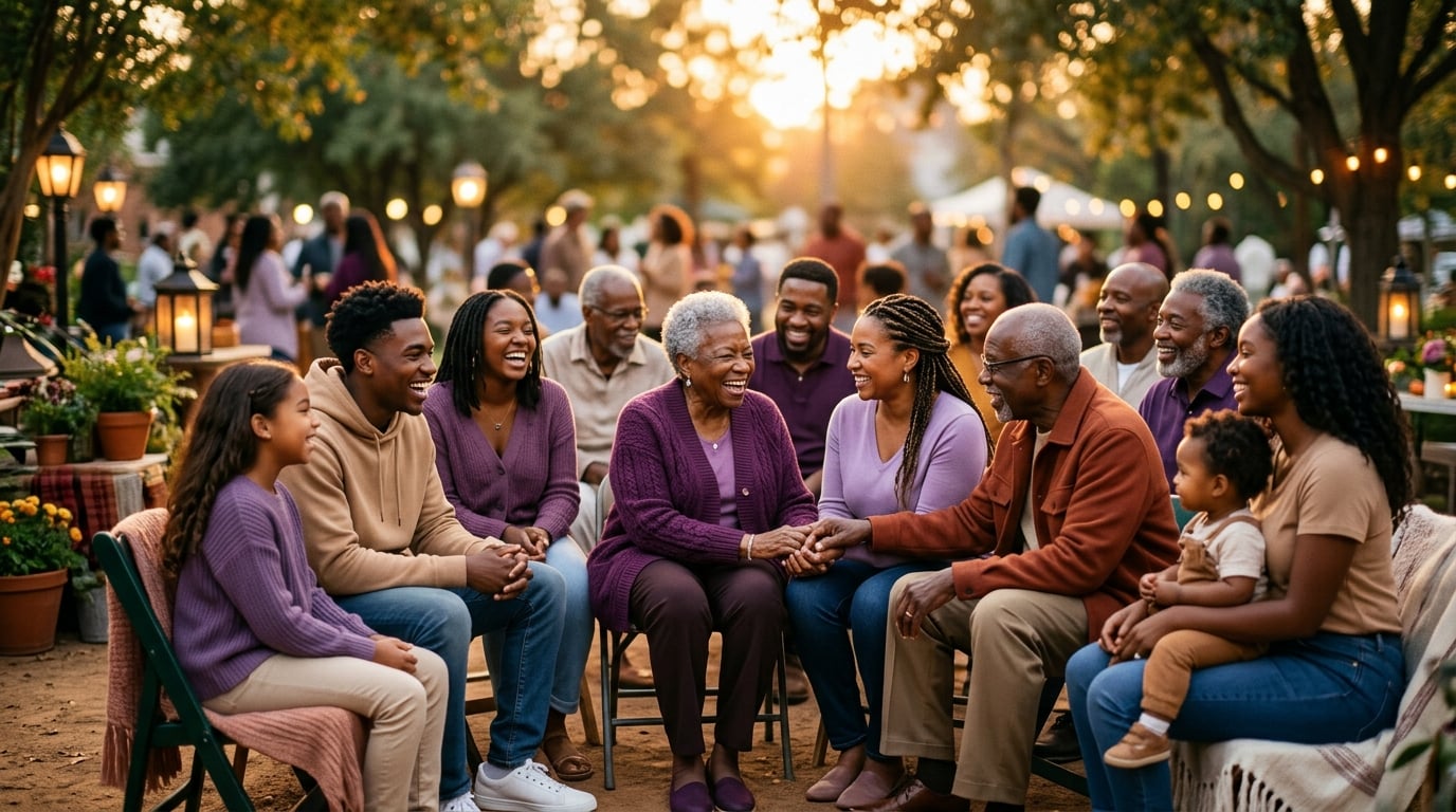 Diverse community gathering in warm golden light, representing BIPOC cancer survivors and caregivers coming together