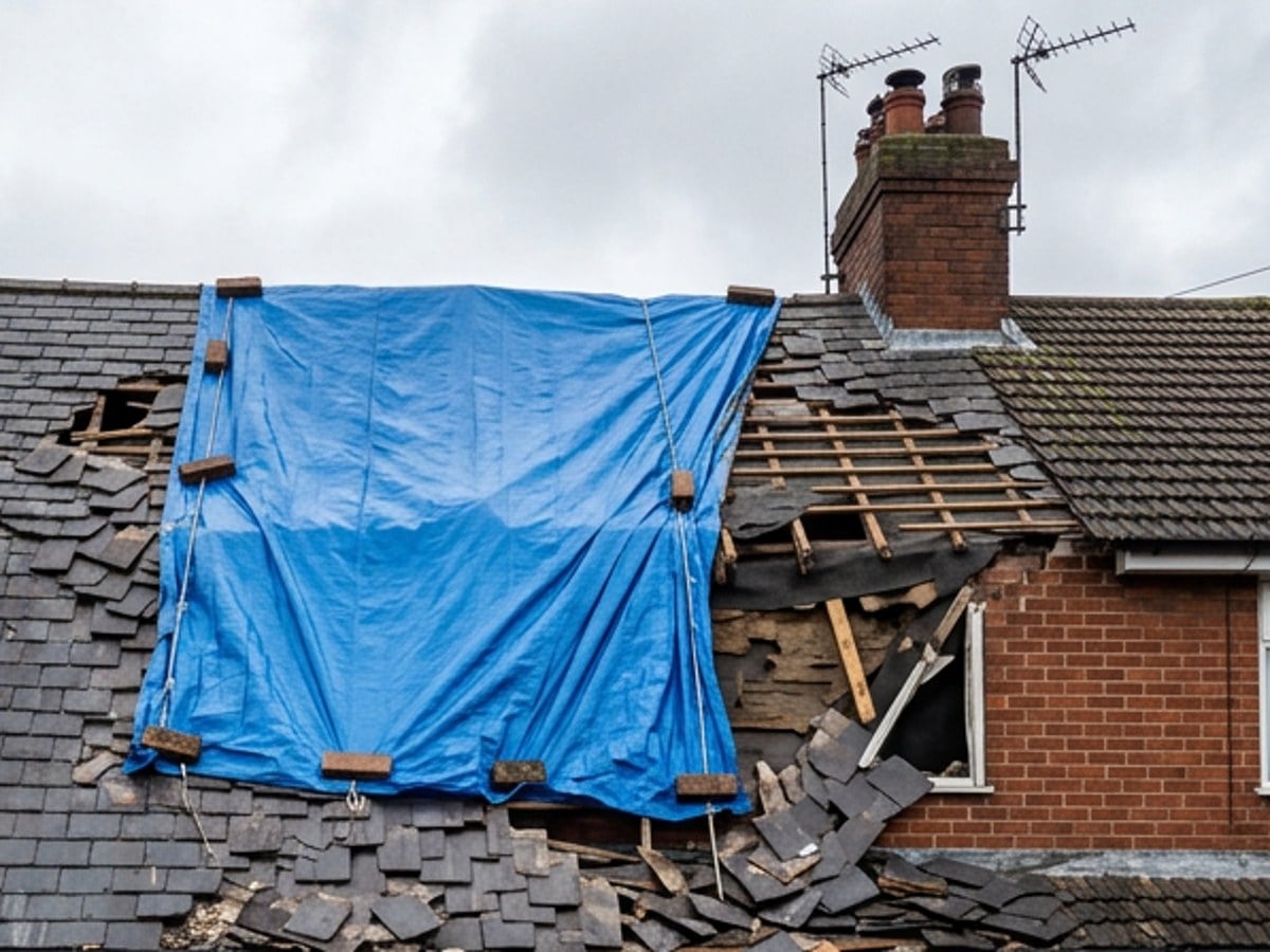 Close-up of emergency tarpaulin over missing tiles