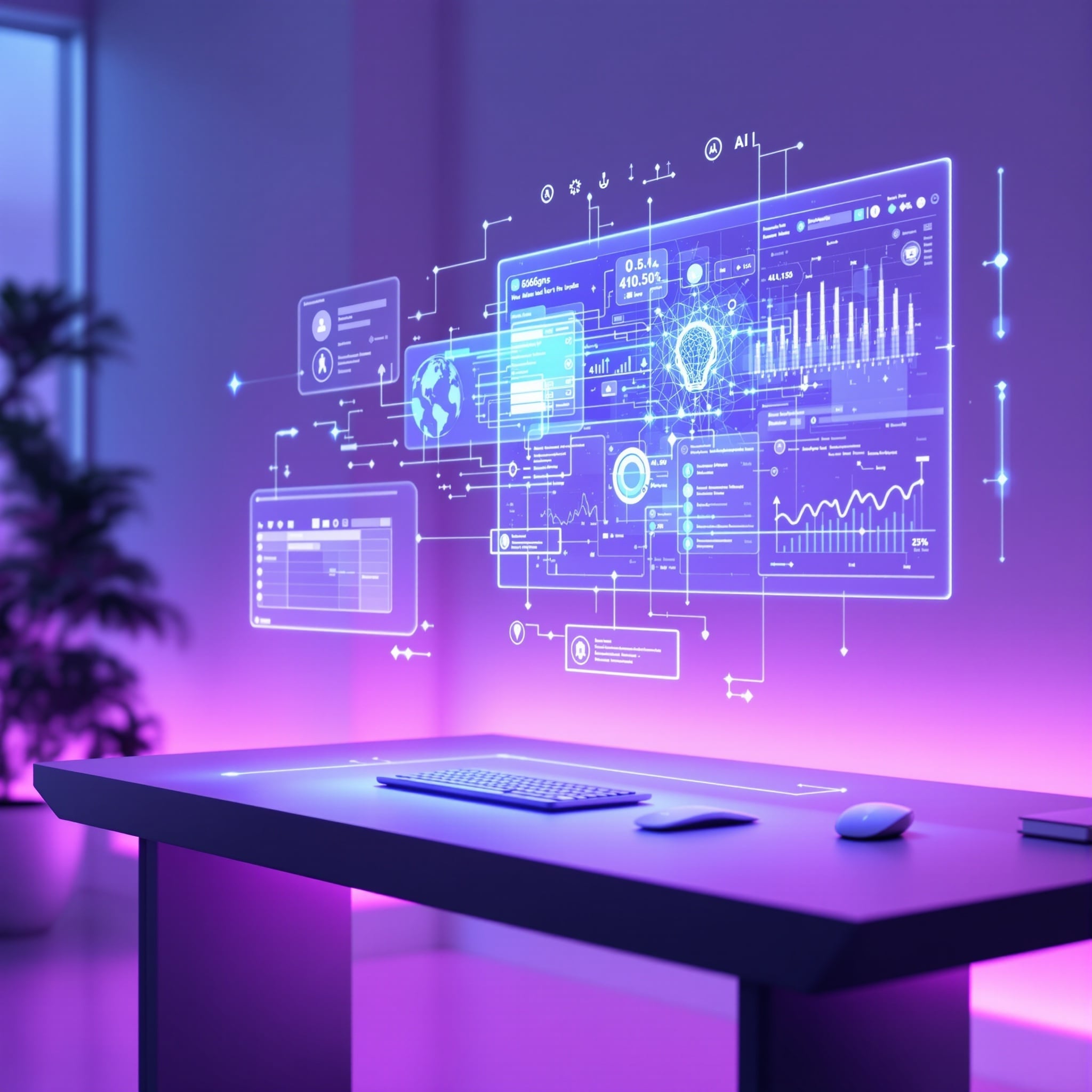 Creative workspace with holographic AI interfaces and modern desk setup