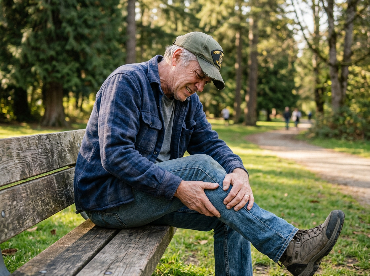 A veteran sitting on a park bench rubbing his leg, showing the neurogenic claudication symptom of spinal stenosis