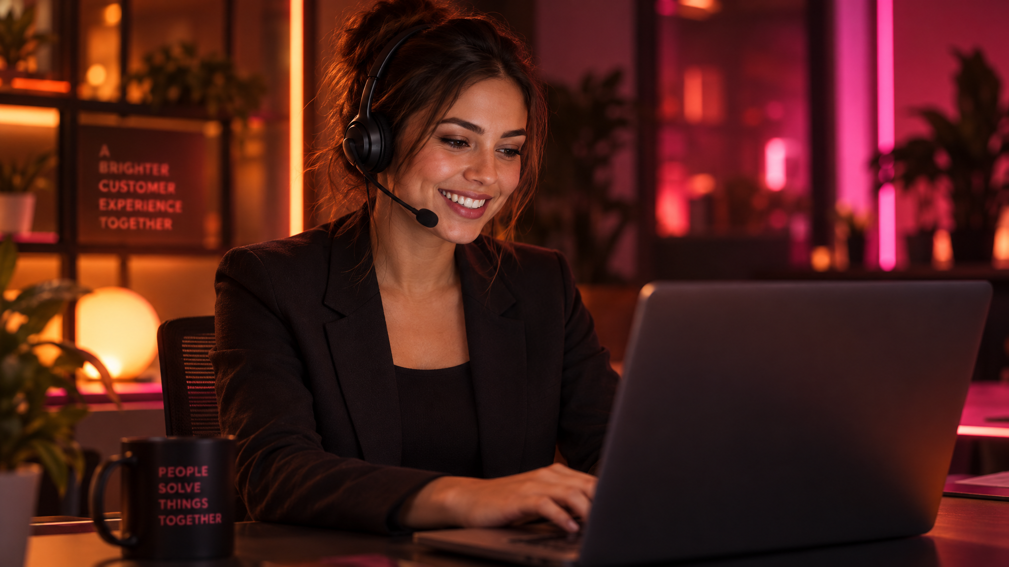 Atendente da +TVDIRECT com headset prestando suporte a revendedores IPTV