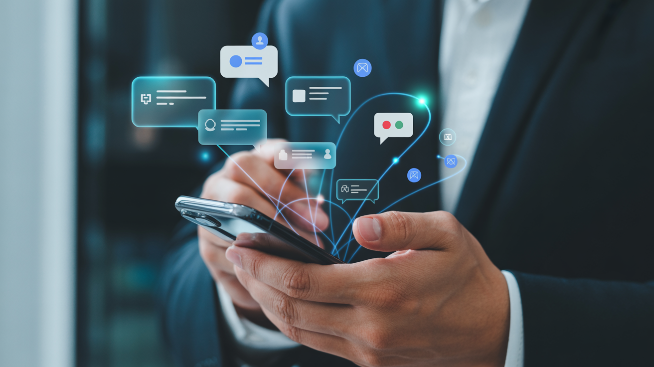 Business professional using smartphone for bulk RCS messaging