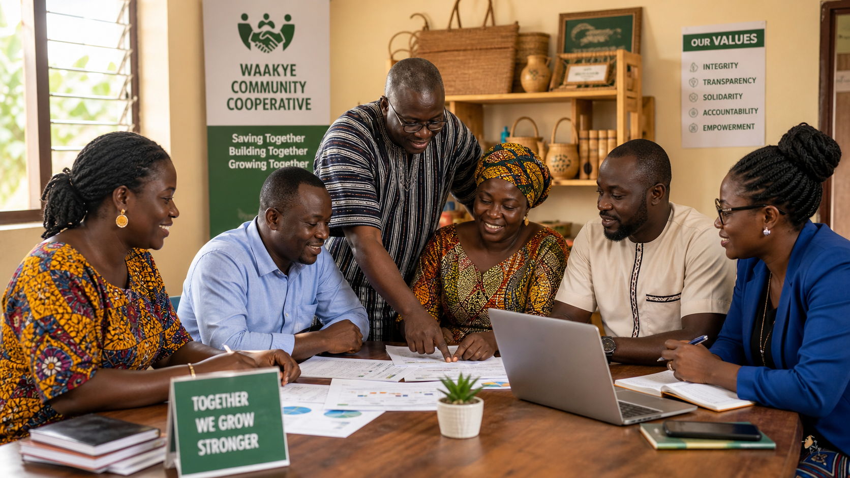 A diverse group of Ghanaian small business owners gathered around a table in a bright community meeting room, collaboratively reviewing financial documents and a laptop