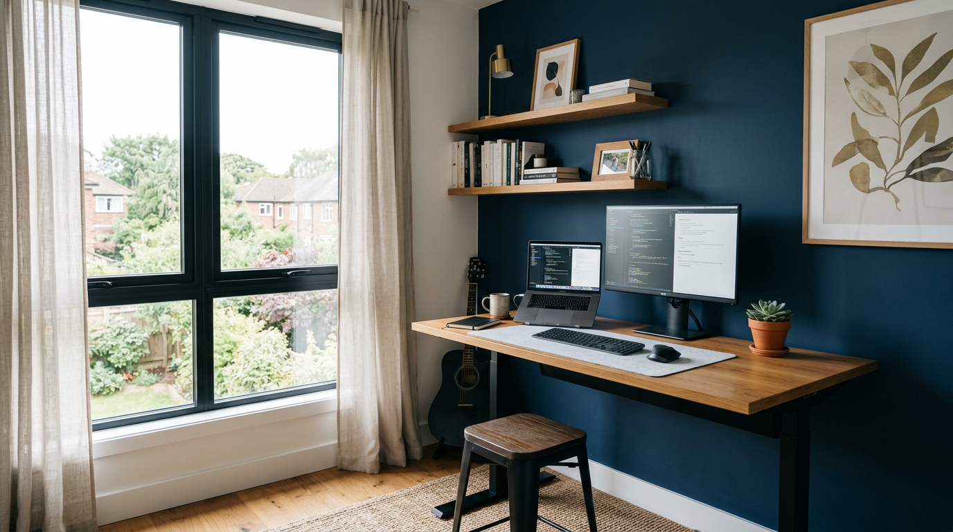Home office com mesa de pé e iluminação natural ideal
