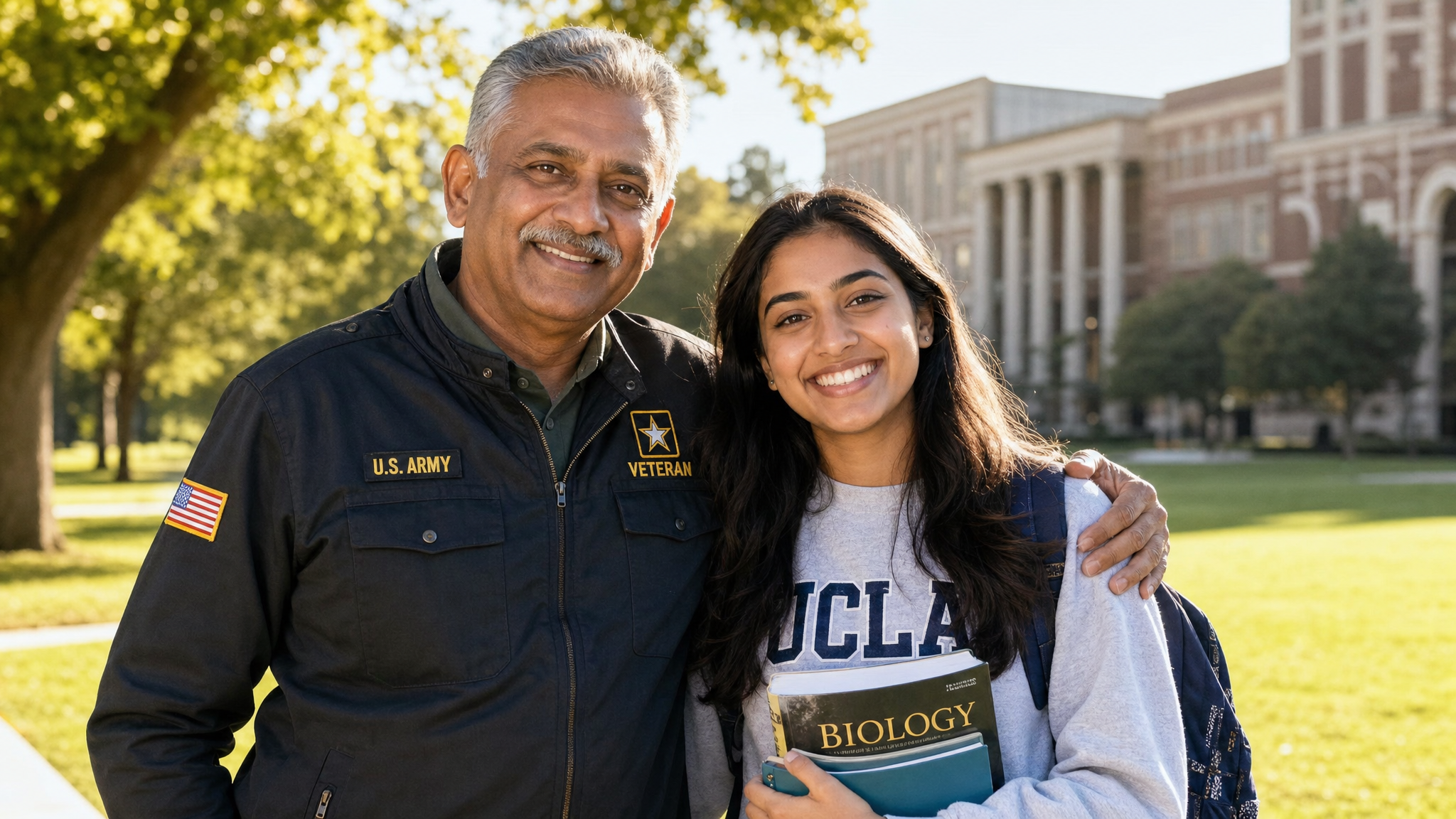 A South Asian American male veteran and his college-age daughter reviewing GI Bill education benefits together on a laptop