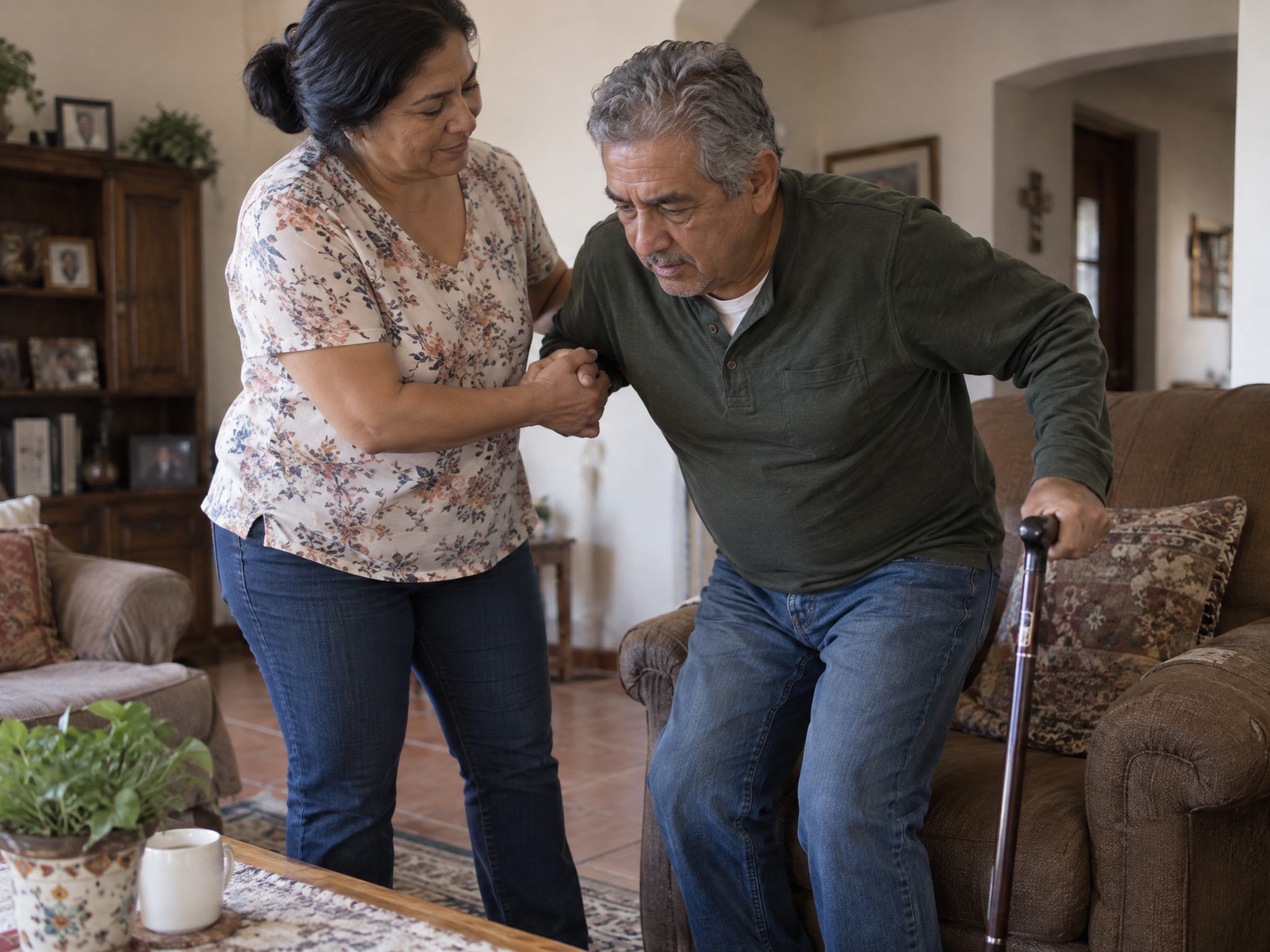 A wife helping her veteran husband up from his living room chair