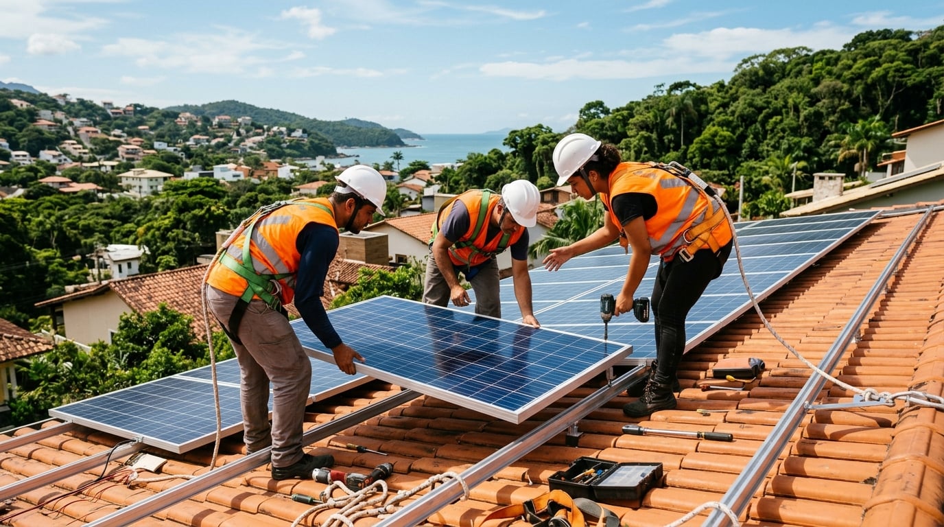Equipe Eletrosol realizando instalação de painéis solares